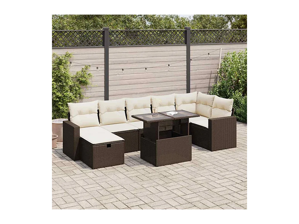 Set sofás de jardín 8 piezas y cojines ratán sintético marrón