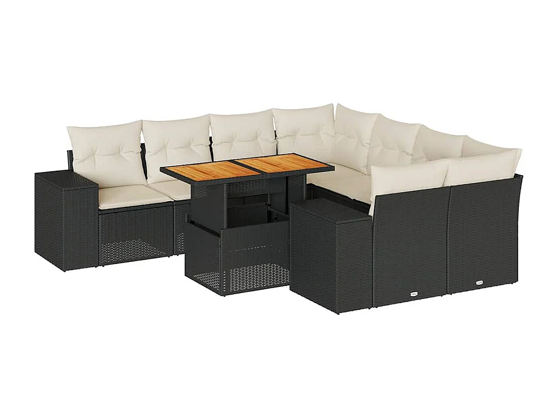 9-delige Loungeset met kussens poly rattan zwart
