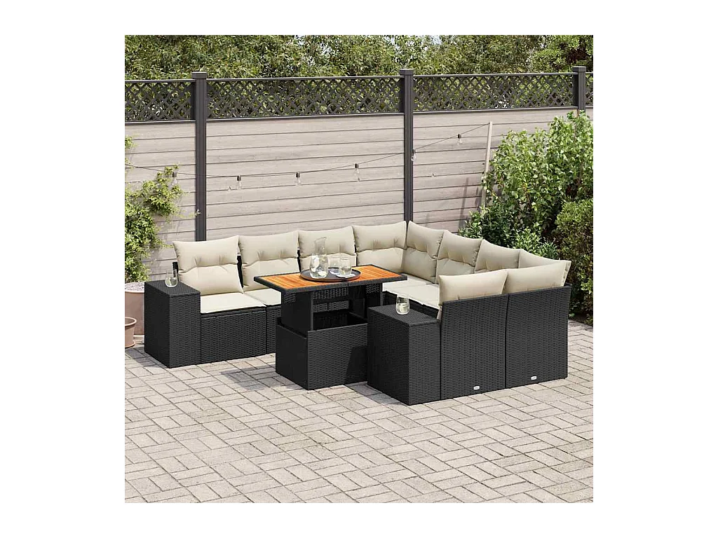 Salon de jardin 9 pcs avec coussins noir résine tressée