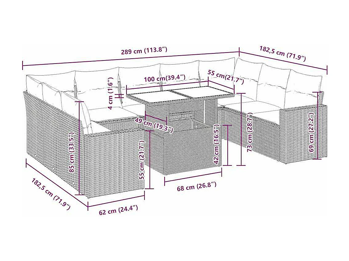 10-tlg. Garten-Sofagarnitur mit Kissen Grau Poly Rattan