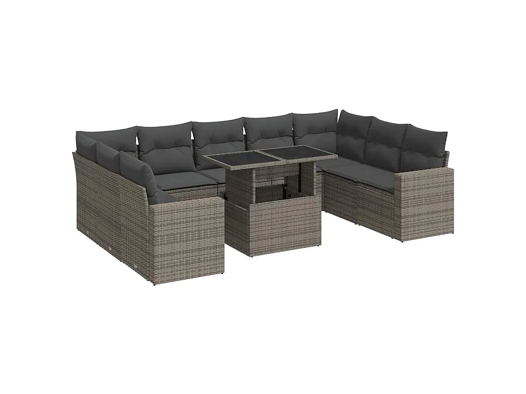 10-tlg. Garten-Sofagarnitur mit Kissen Grau Poly Rattan