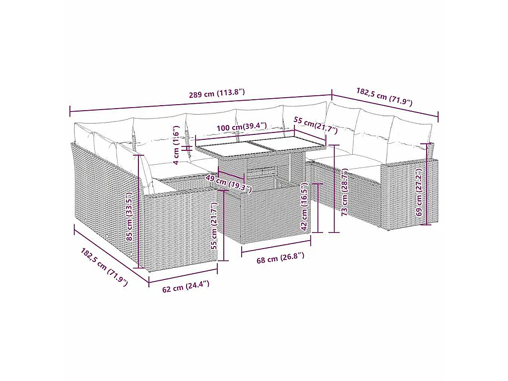 10-tlg. Garten-Sofagarnitur mit Kissen Grau Poly Rattan