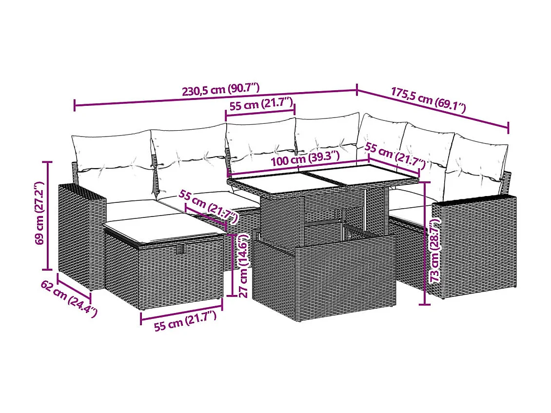 8 pcs conjunto de sofás p/ jardim com almofadões vime PE bege