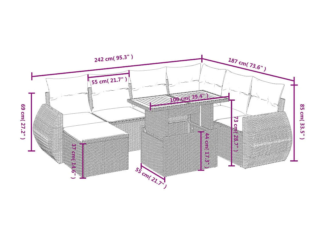 Salon de jardin avec coussins 8 pcs beige résine tressée