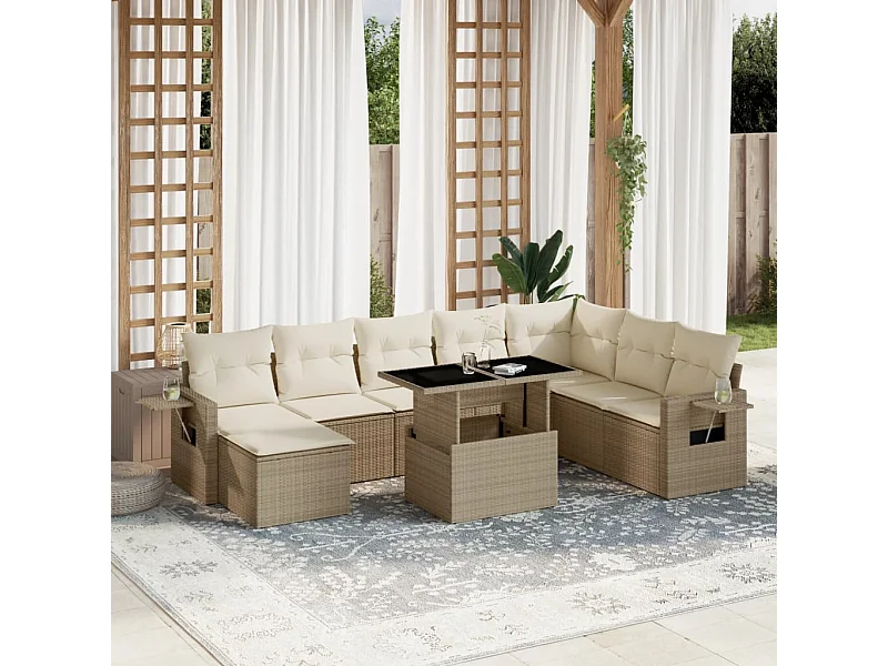 Salon de jardin avec coussins 9 pcs beige résine tressée