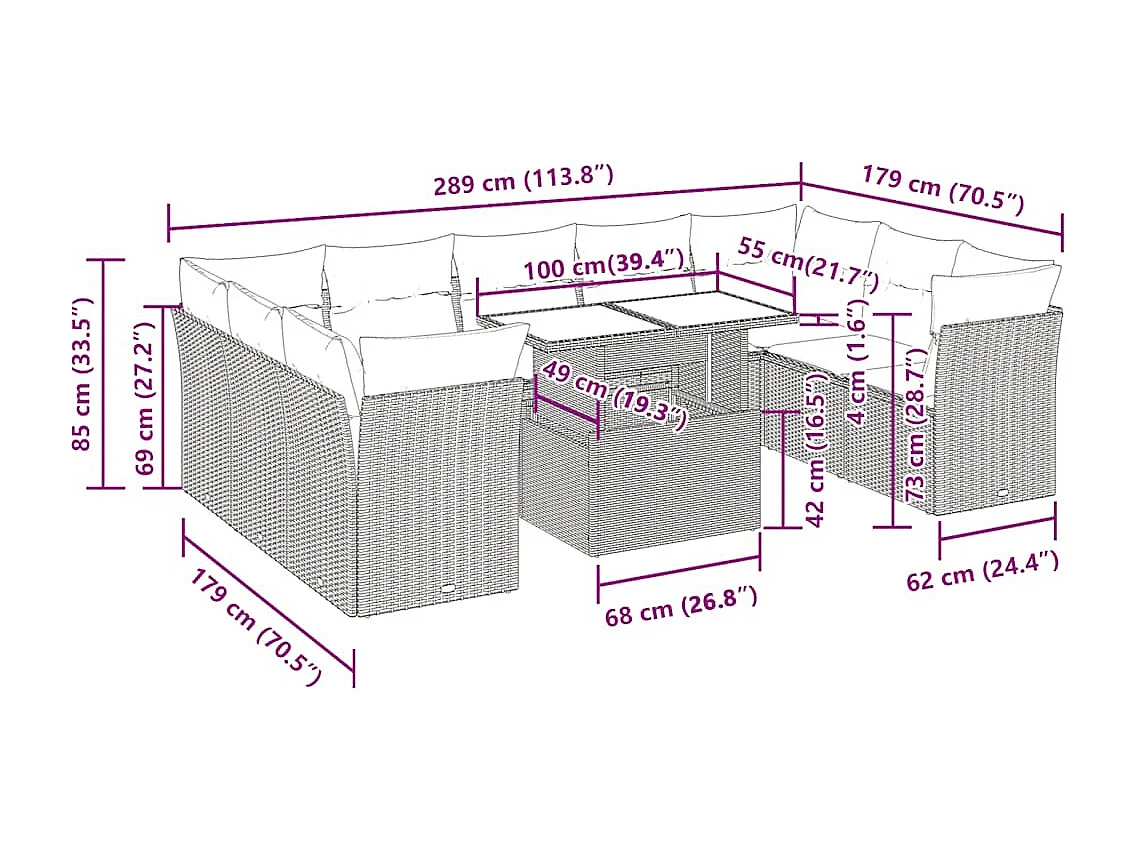 Set Divano da Giardino 10 pz con Cuscini Beige in Polyrattan