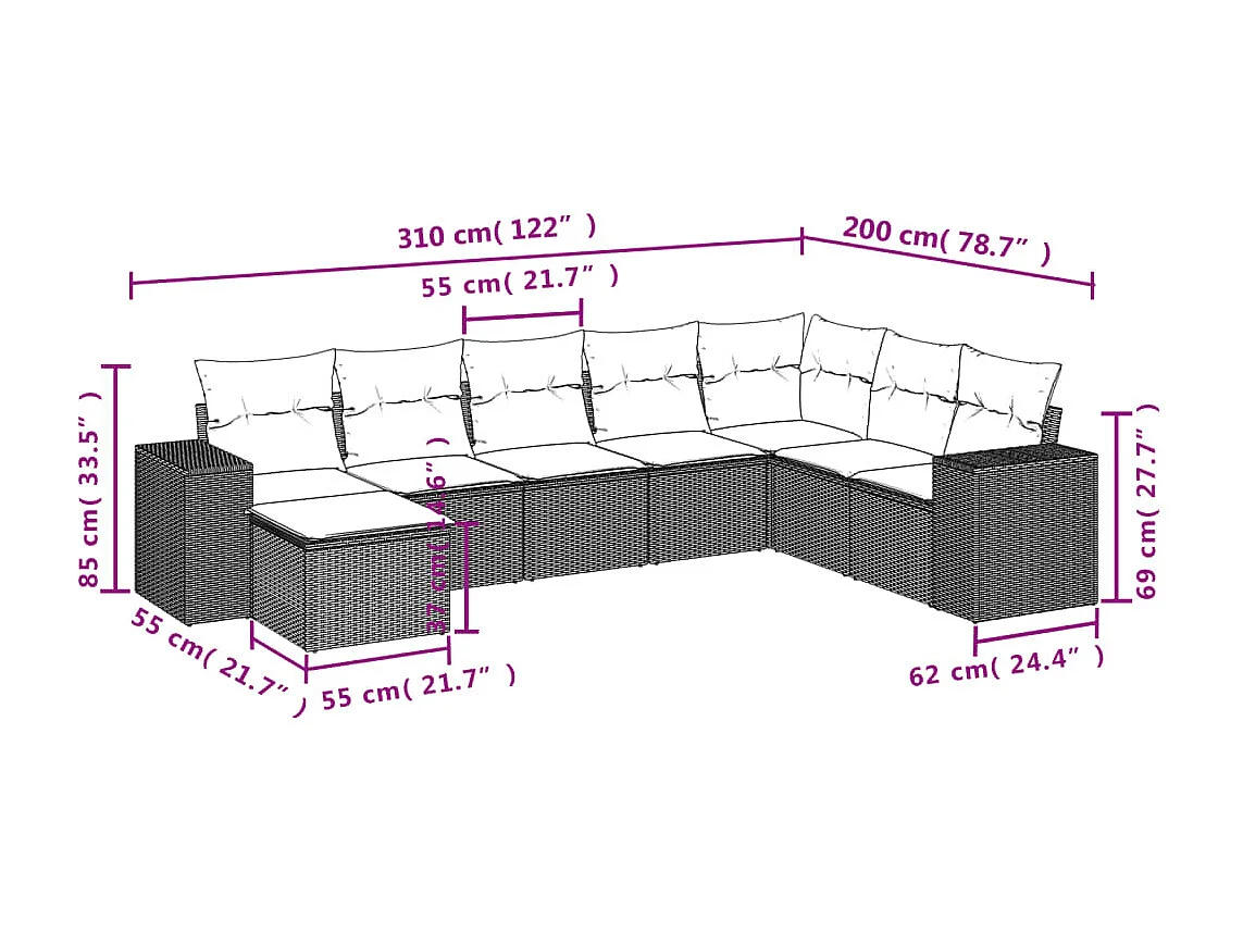 8-delige Loungeset met kussens poly rattan bruin