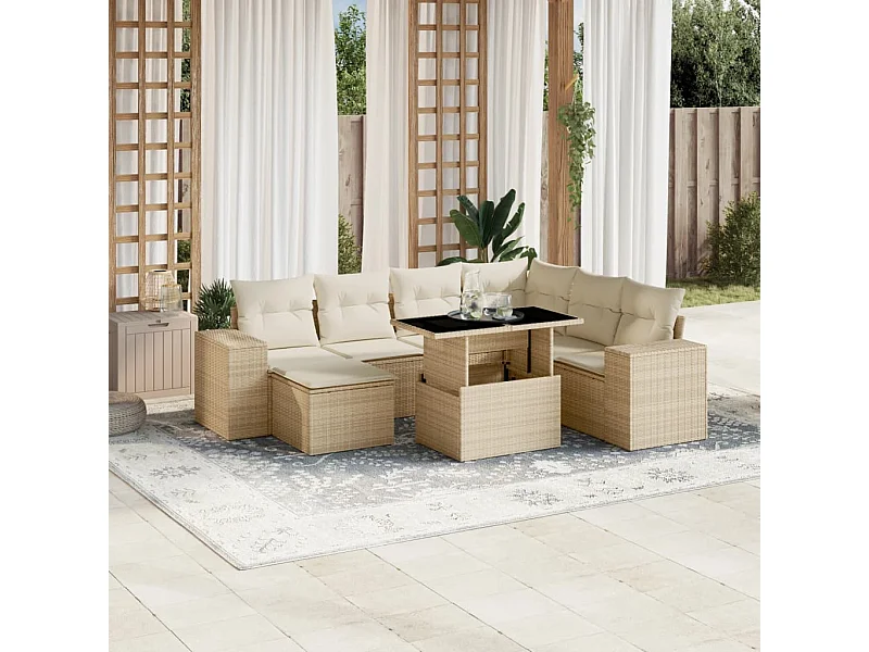 8-tlg. Garten-Sofagarnitur mit Kissen Beige Poly Rattan