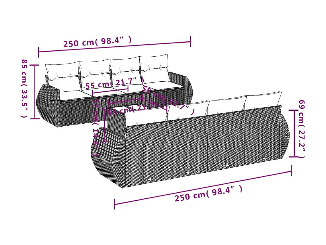 9-delige Loungeset met kussens poly rattan bruin