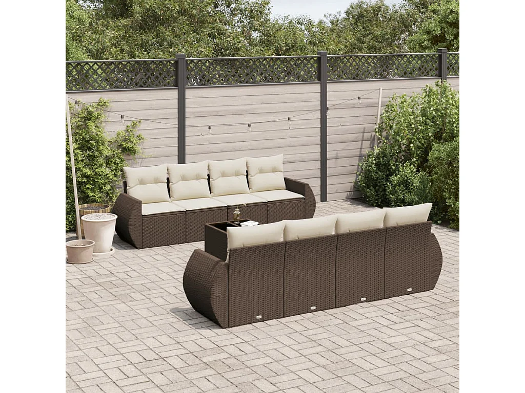 9-tlg. Garten-Sofagarnitur mit Kissen Braun Poly Rattan