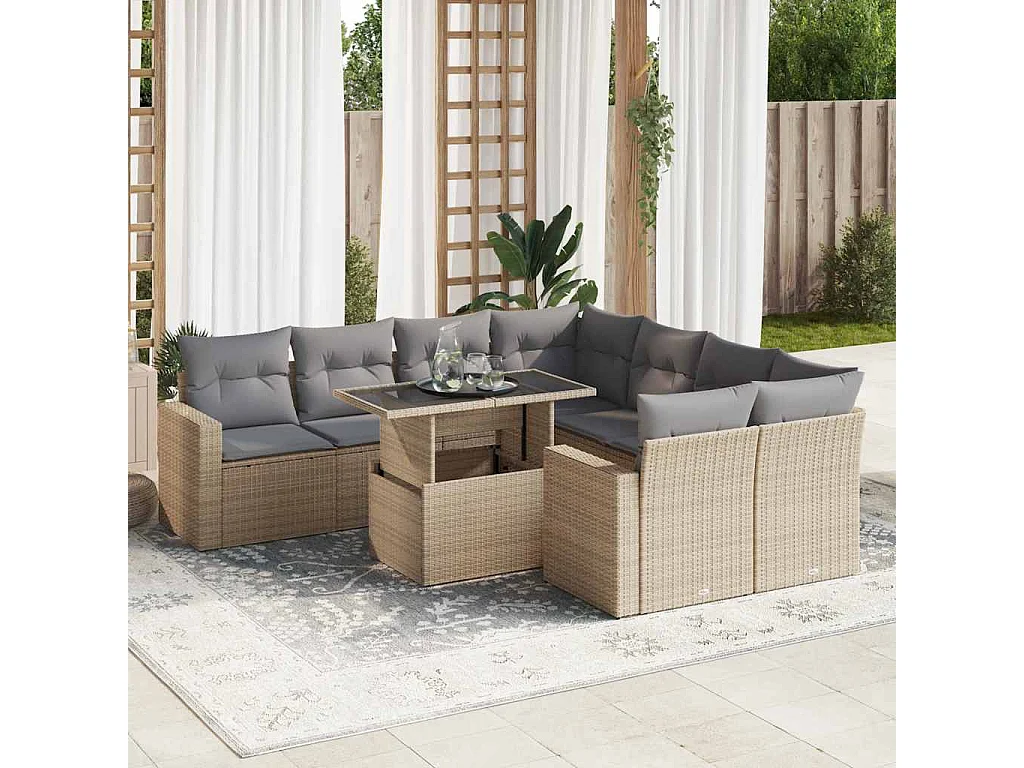 9-tlg. Garten-Sofagarnitur mit Kissen Beige Poly Rattan