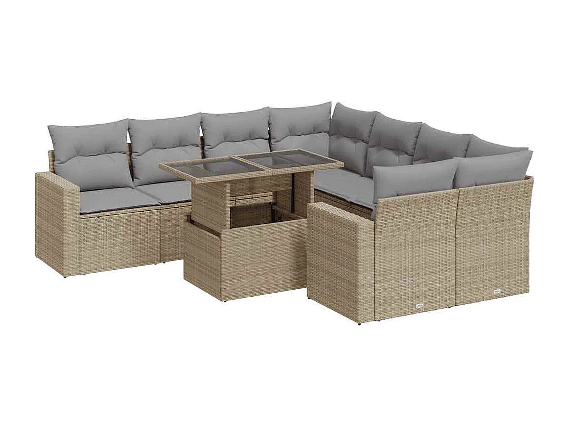 9-tlg. Garten-Sofagarnitur mit Kissen Beige Poly Rattan