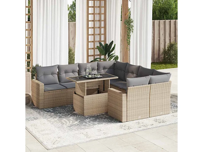 Salon de jardin avec coussins 9 pcs beige résine tressée