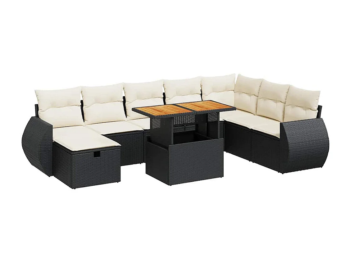 Set Divani da Giardino 9 pz con Cuscini Nero Polyrattan Acacia