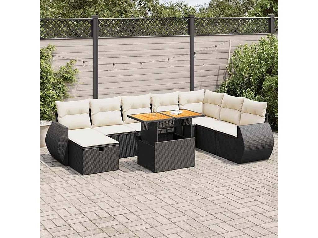 Set Divani da Giardino 9 pz con Cuscini Nero Polyrattan Acacia