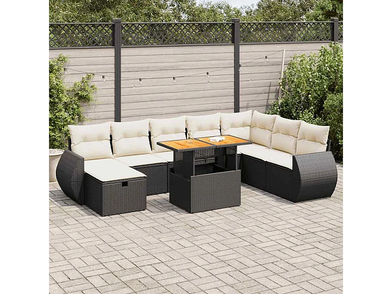 9-tlg. Garten-Sofagarnitur mit Kissen Schwarz Poly Rattan