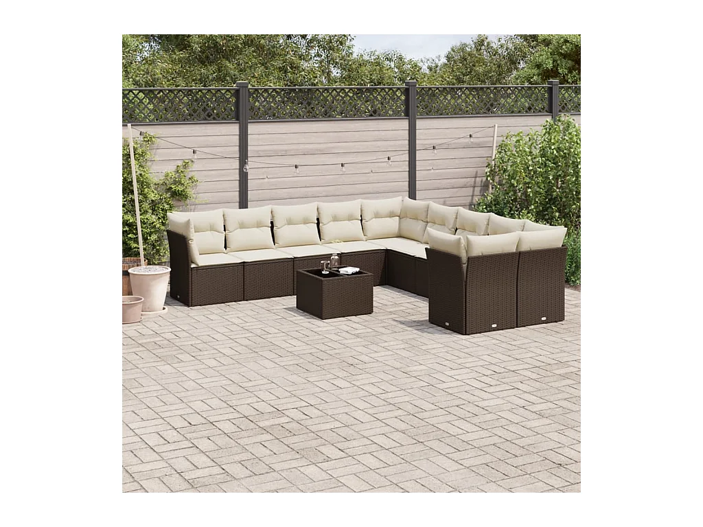 Salon de jardin et coussins 11 pcs marron résine tressée