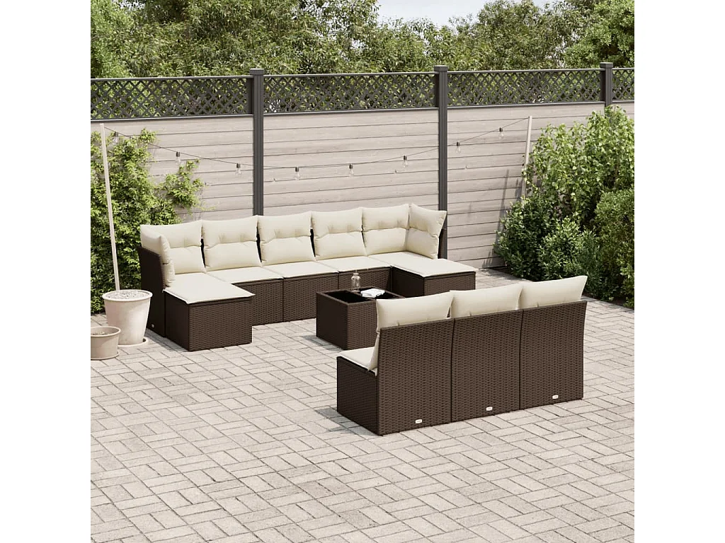 11-tlg. Garten-Sofagarnitur mit Kissen Braun Poly Rattan