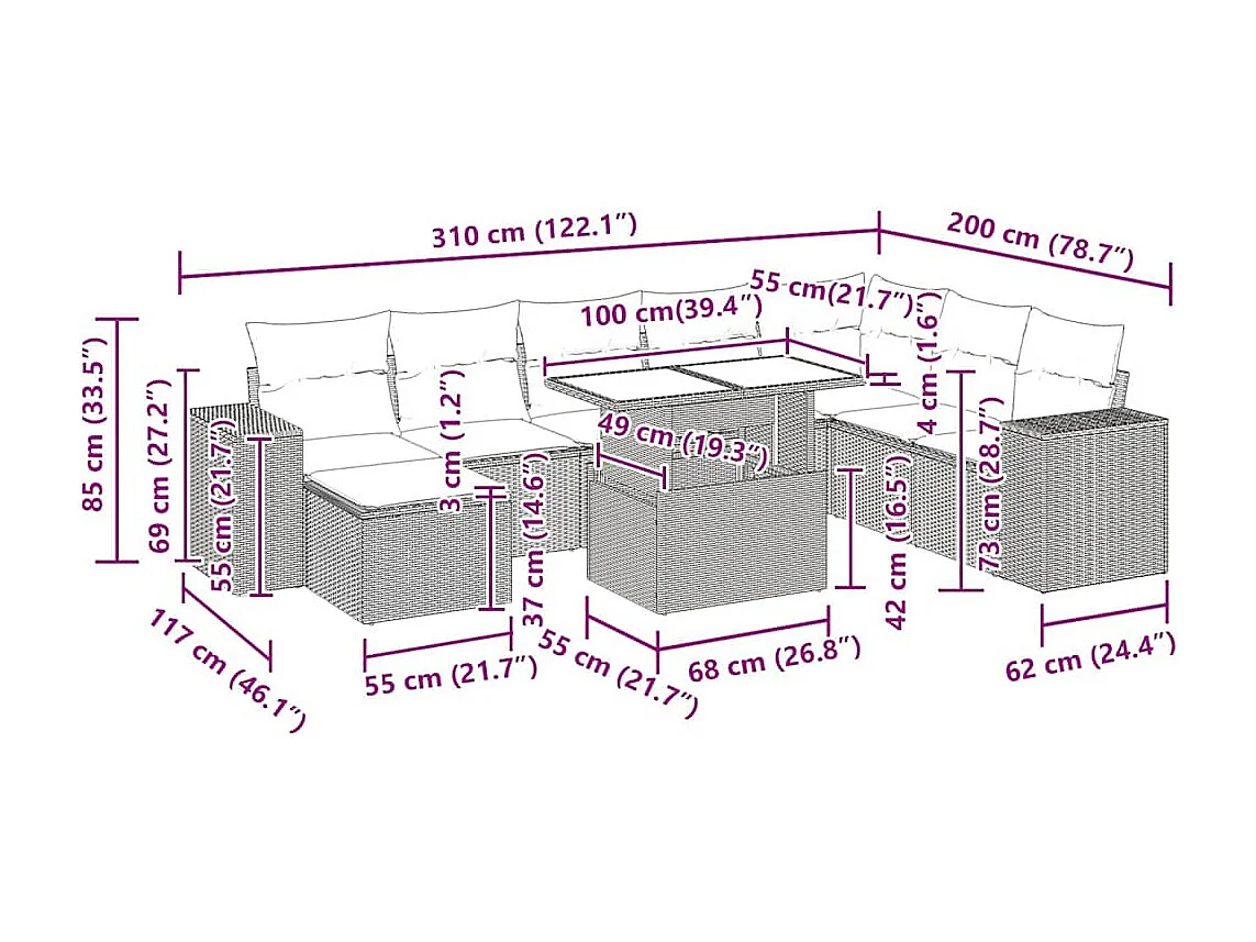 9-tlg. Garten-Sofagarnitur mit Kissen Schwarz Poly Rattan