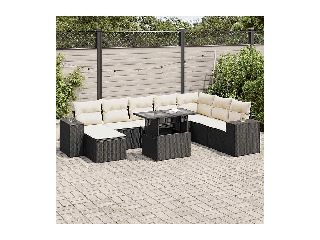 9-tlg. Garten-Sofagarnitur mit Kissen Schwarz Poly Rattan