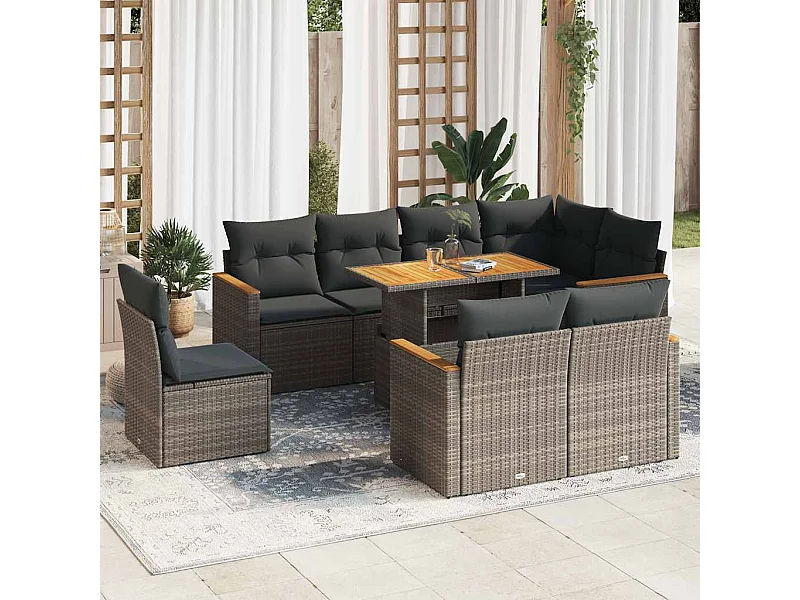 9-tlg. Garten-Sofagarnitur mit Kissen Grau Poly Rattan Akazie
