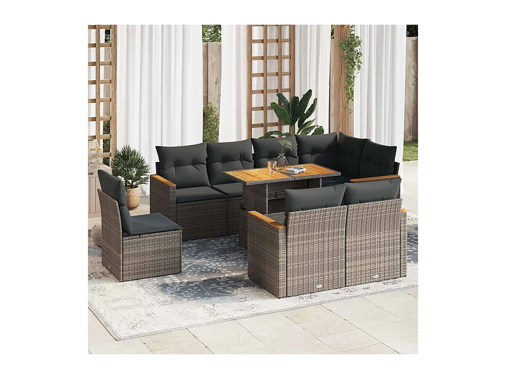 Salon de jardin avec coussins 9 pcs gris résine tressée acacia