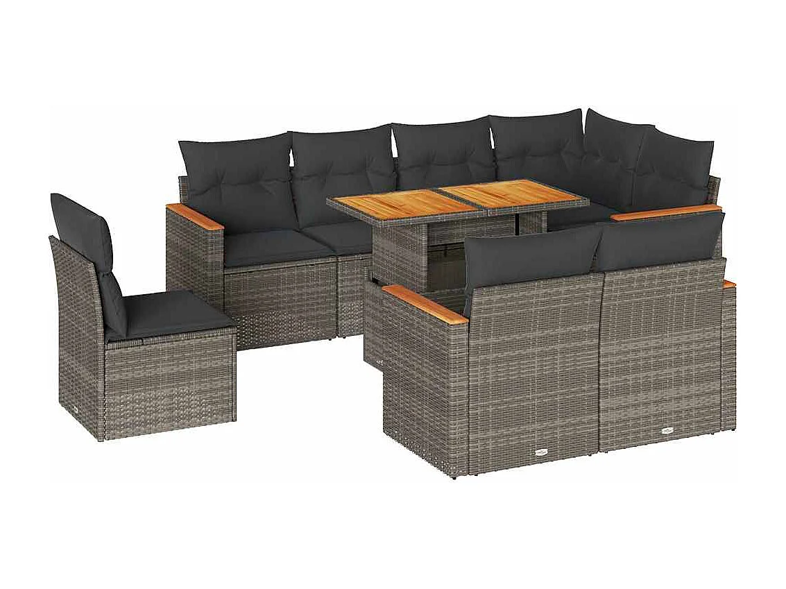 Salon de jardin avec coussins 9 pcs gris résine tressée acacia