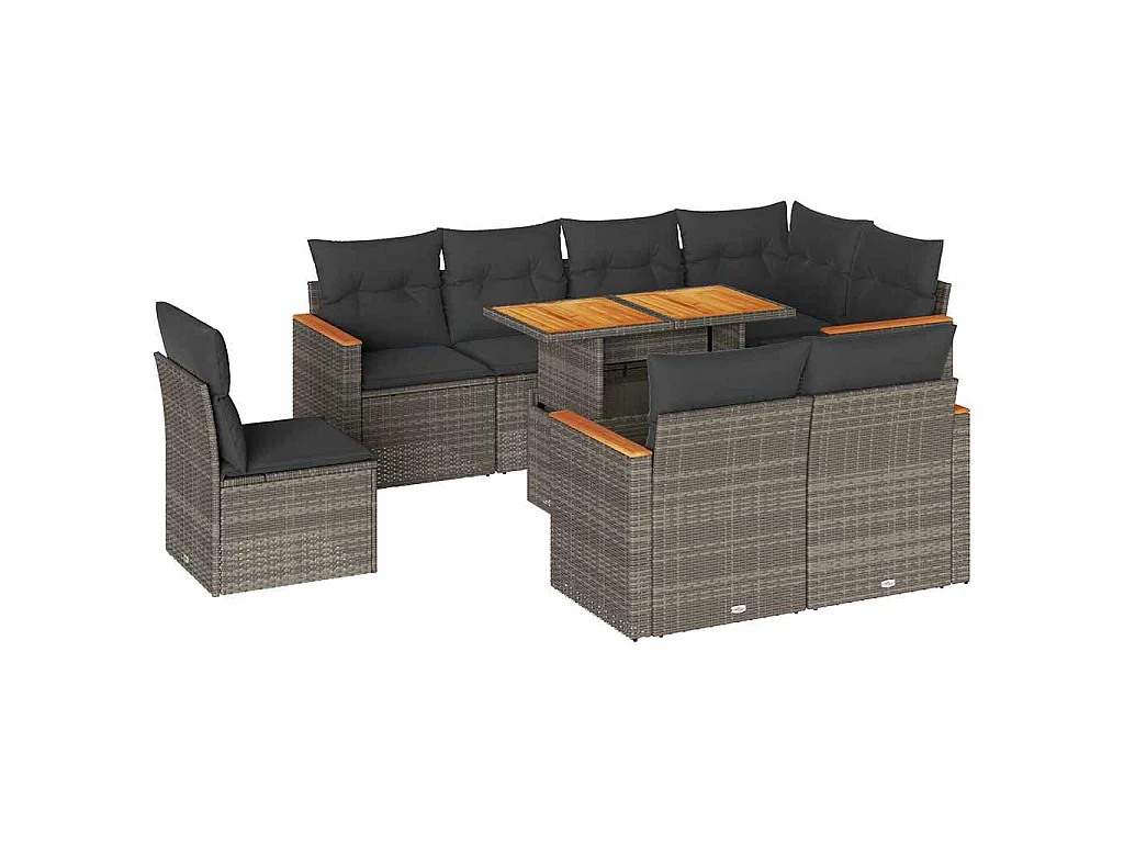 9-delige Loungeset met kussens poly rattan acacia grijs