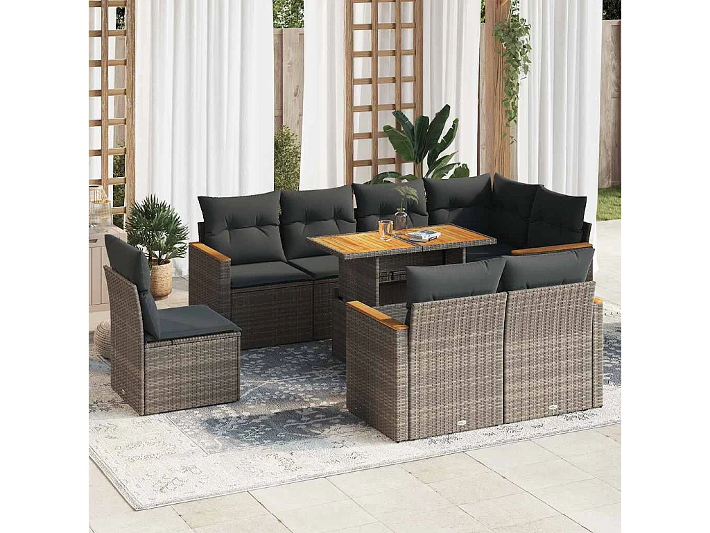 9-delige Loungeset met kussens poly rattan acacia grijs