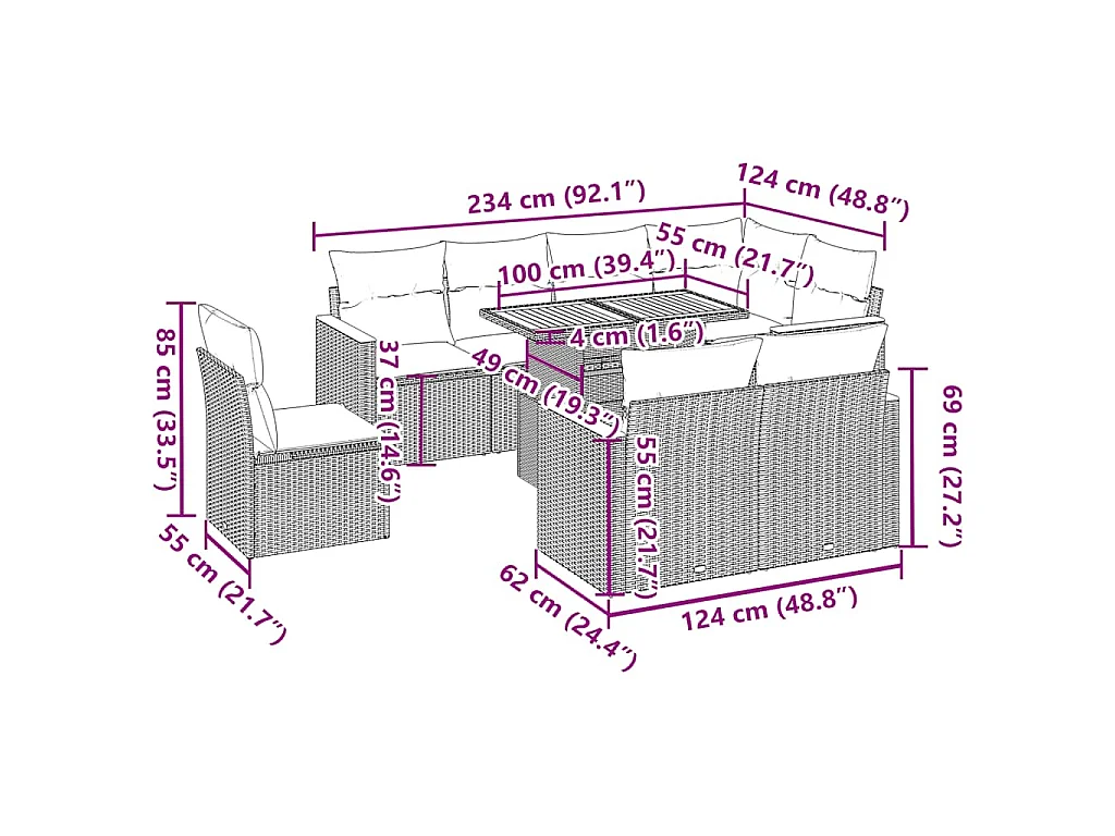 9-delige Loungeset met kussens poly rattan acacia grijs
