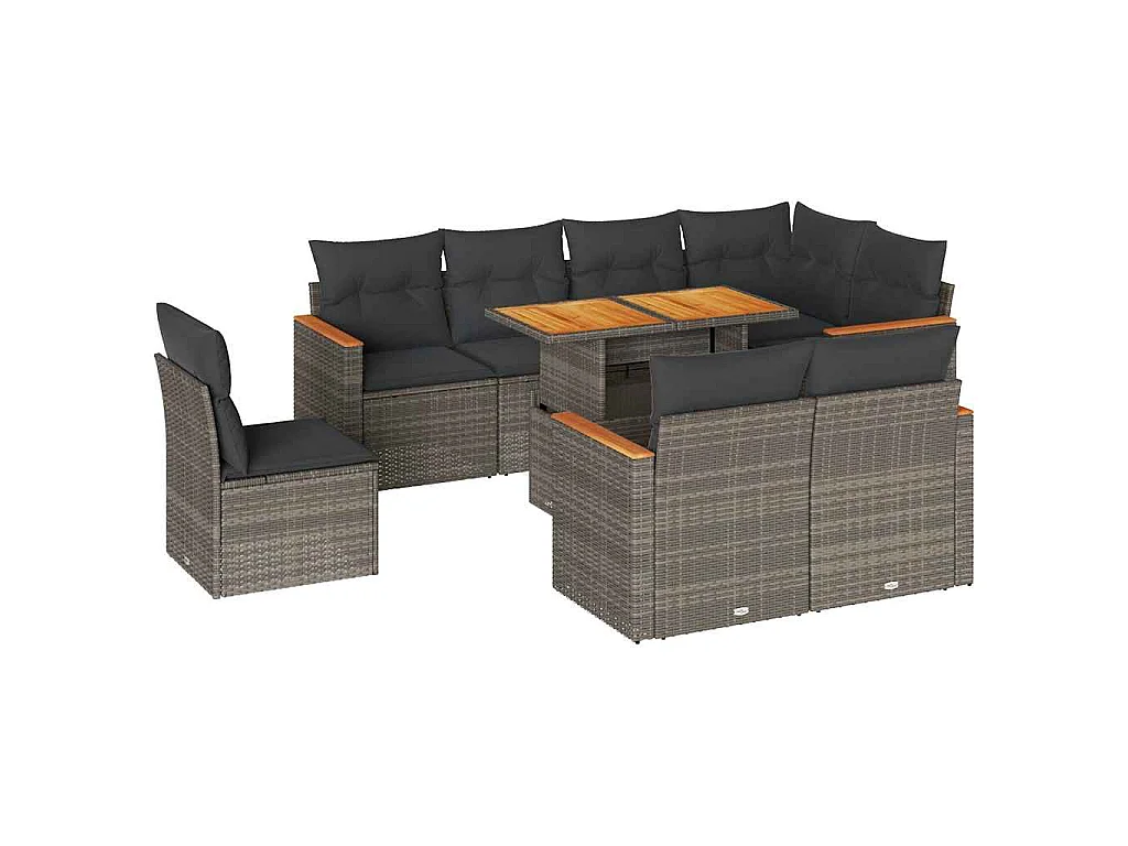 Salon de jardin avec coussins 9 pcs gris résine tressée acacia