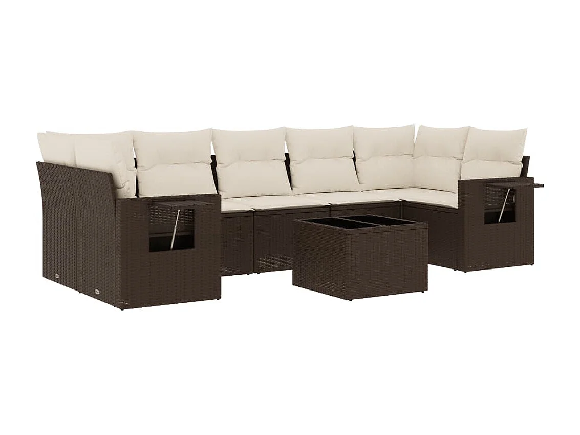 8 pcs conjunto sofás de jardim c/ almofadões vime PE castanho