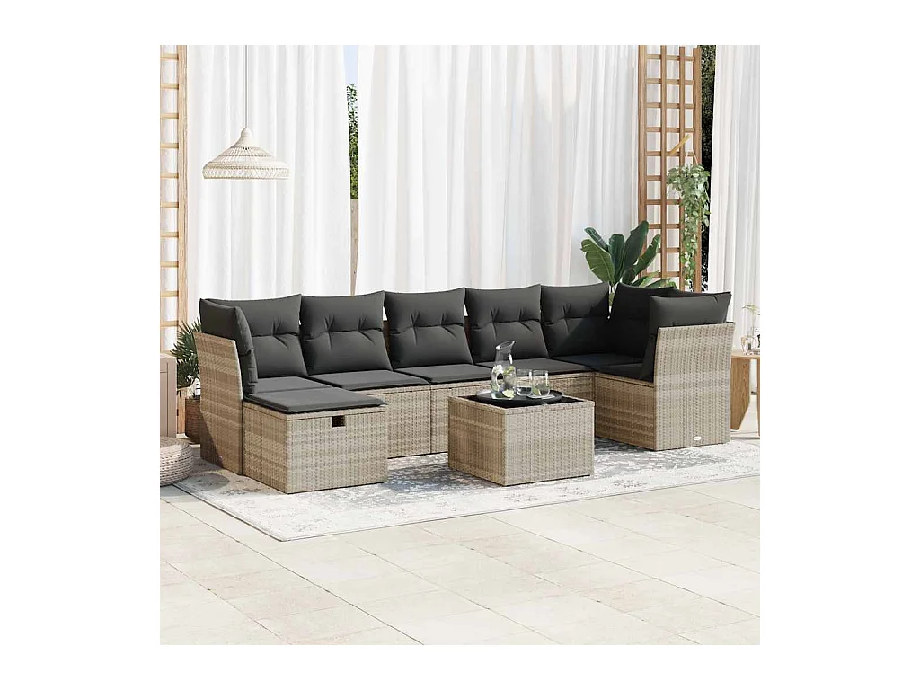 Set Divano da Giardino 8pz con Cuscini Grigio Chiaro Polyrattan