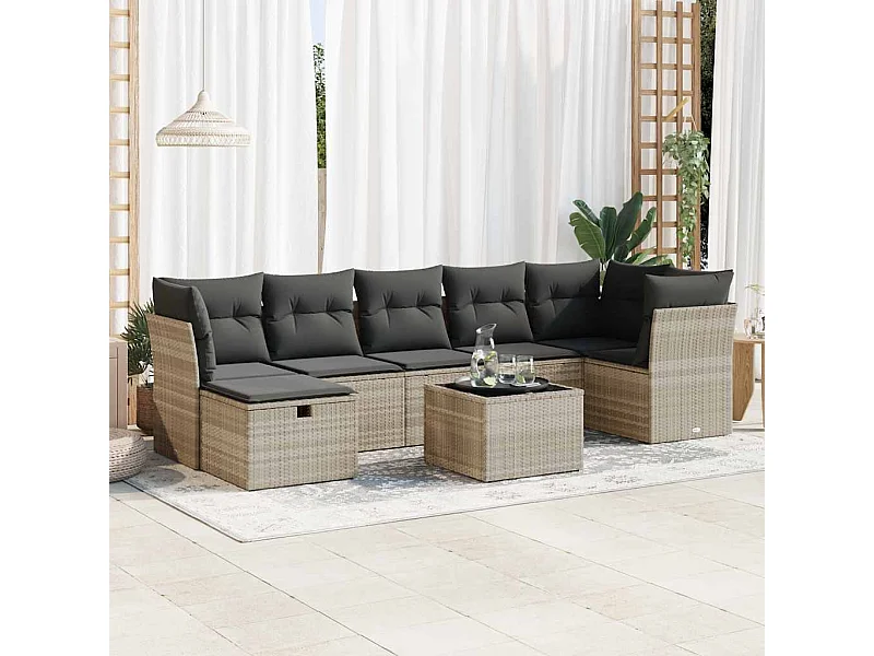 Salon de jardin 8 pcs avec coussins gris clair résine tressée