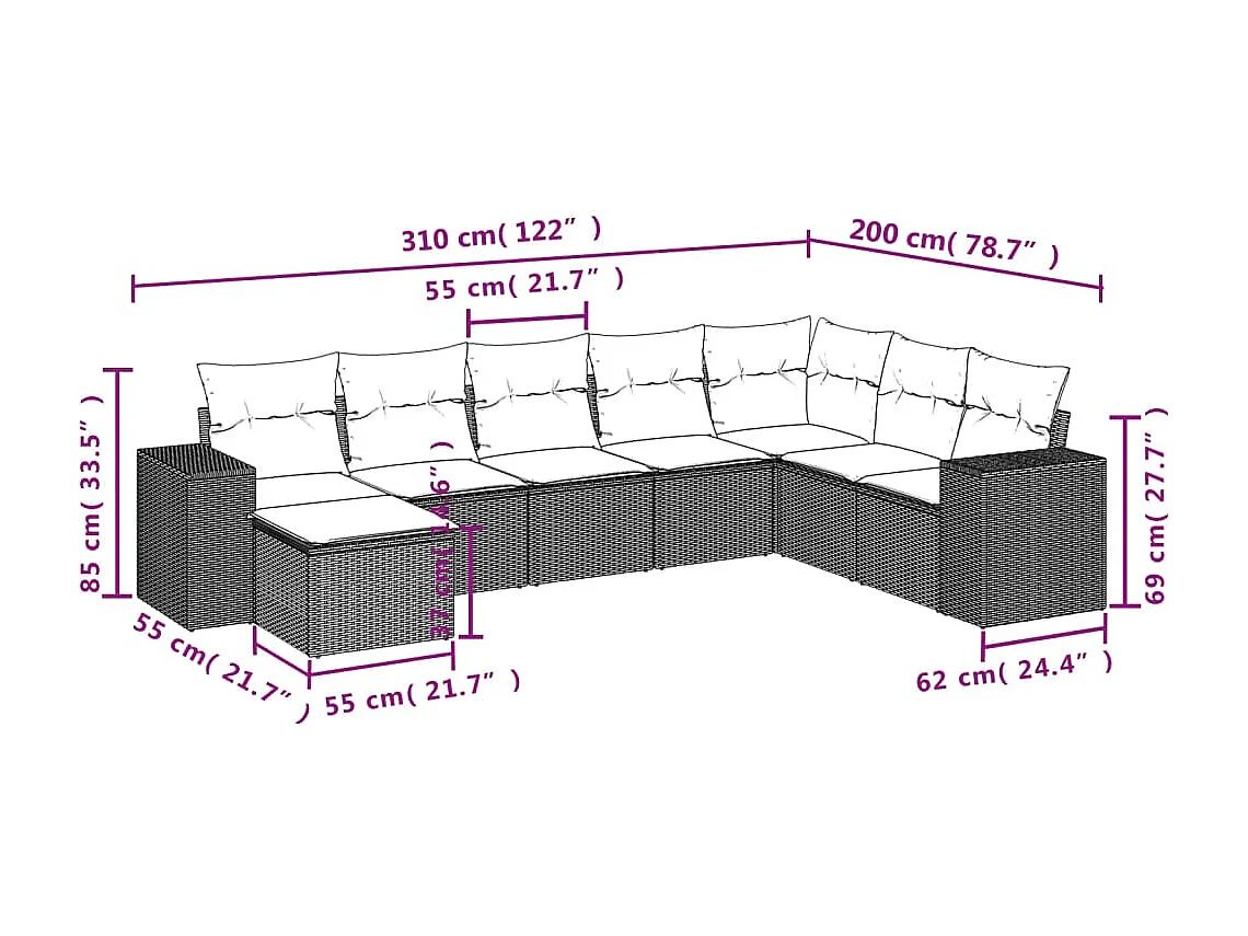 Salon de jardin 8 pcs avec coussins marron résine tressée