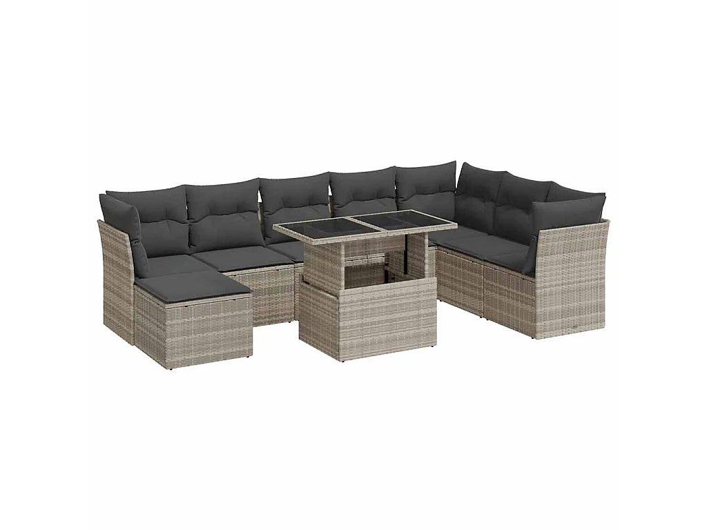 Set muebles jardín 9 pzas y cojines ratán sintético gris claro