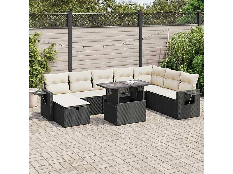 Set Divani da Giardino 9 pz con Cuscini Nero in Polyrattan