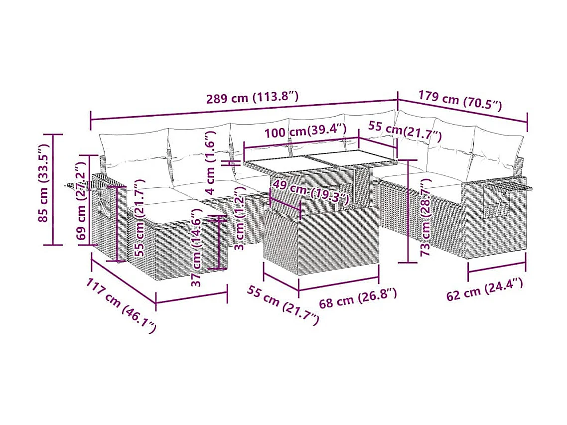Salon de jardin 9 pcs avec coussins noir résine tressée