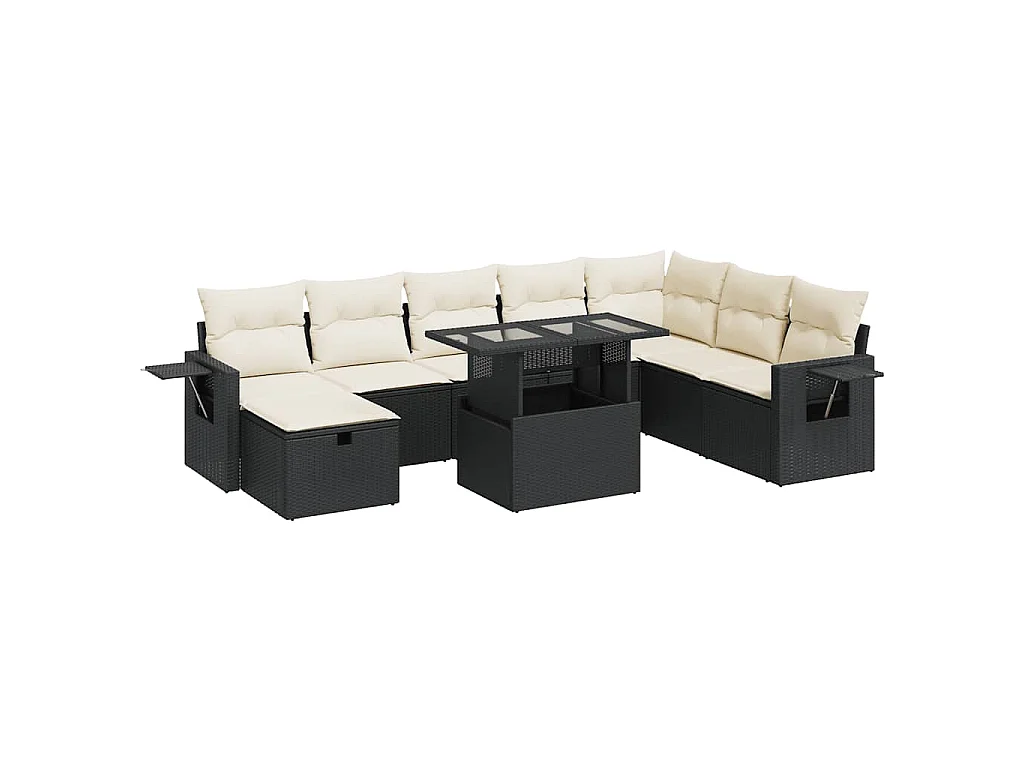 9-tlg. Garten-Sofagarnitur mit Kissen Schwarz Poly Rattan