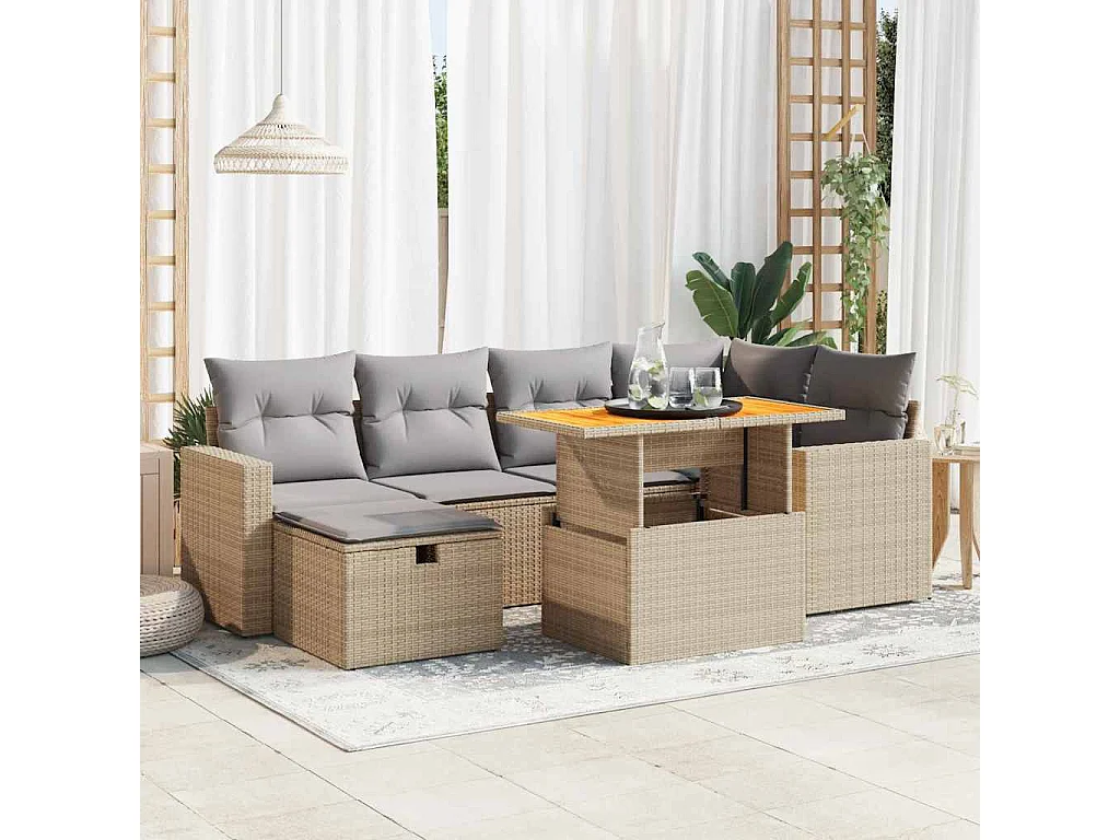 Set Divano da Giardino 8 pz con Cuscini Beige Polyrattan Acacia