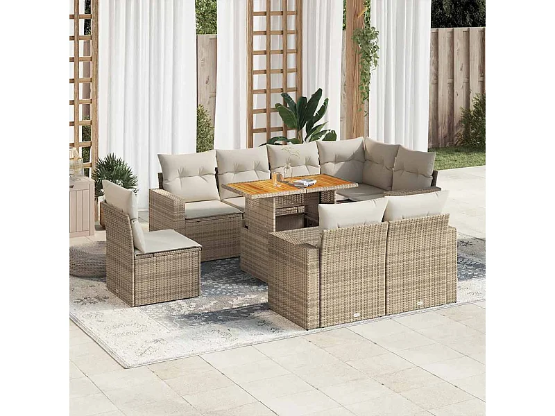 9-tlg. Garten-Sofagarnitur mit Kissen Beige Poly Rattan