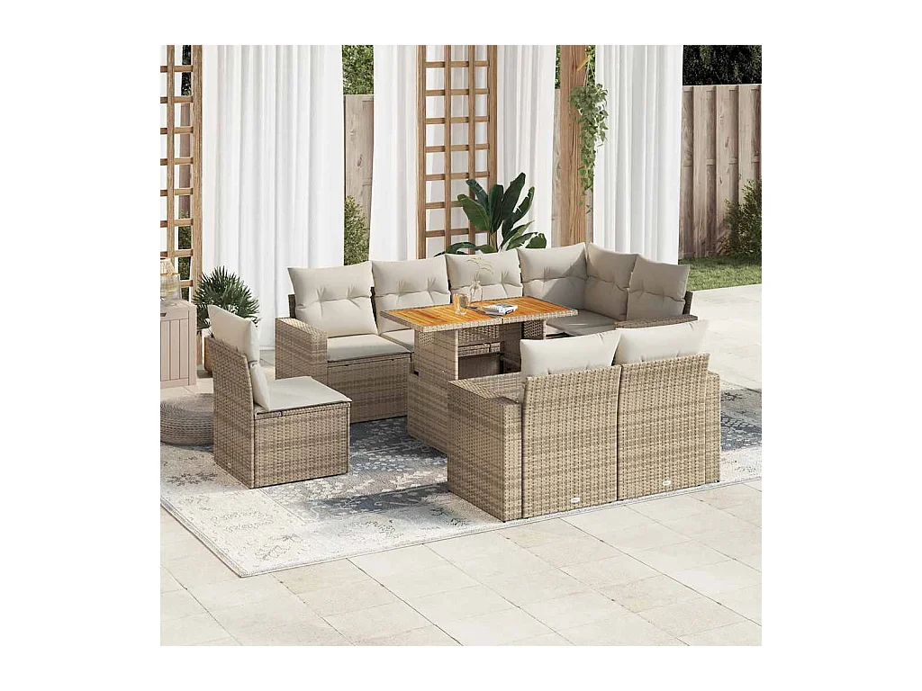Set Divano da Giardino 9 pz con Cuscini Beige in Polyrattan