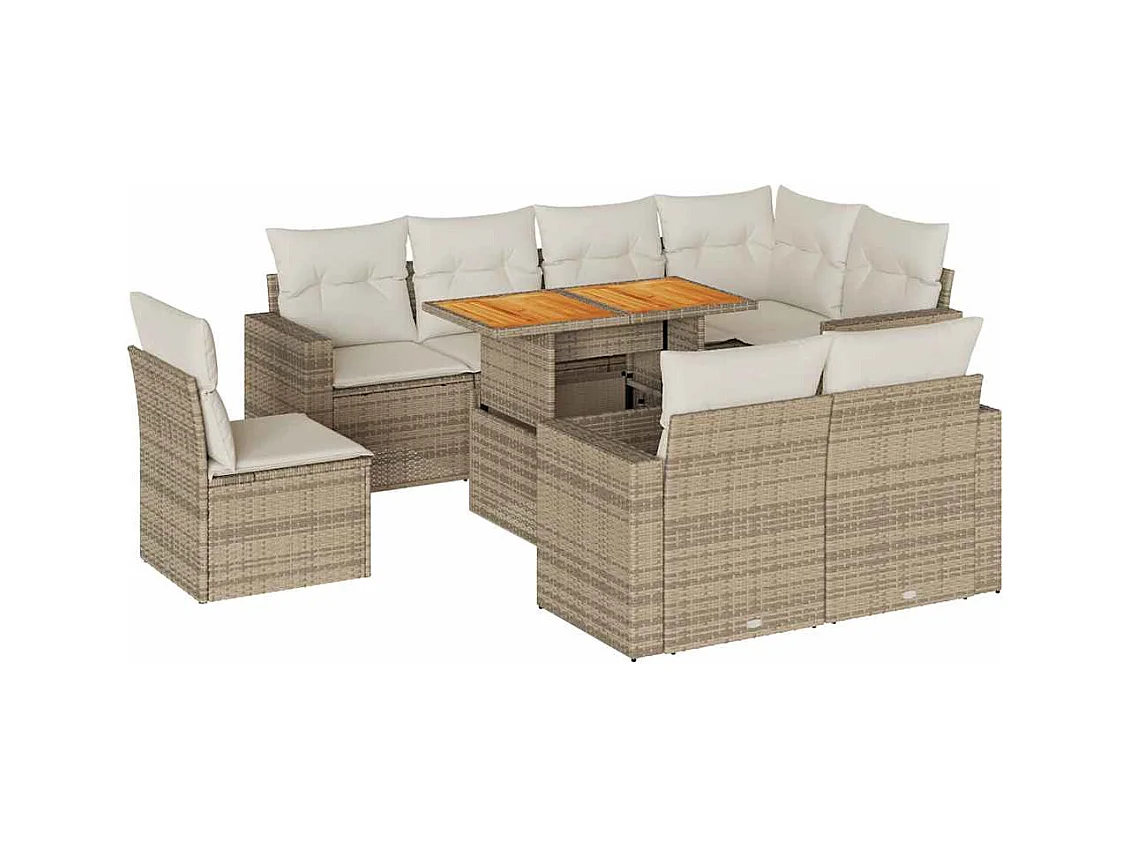 9-tlg. Garten-Sofagarnitur mit Kissen Beige Poly Rattan