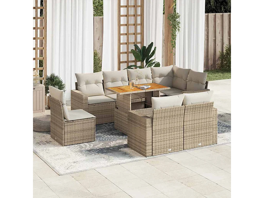 Salon de jardin avec coussins 9 pcs beige résine tressée