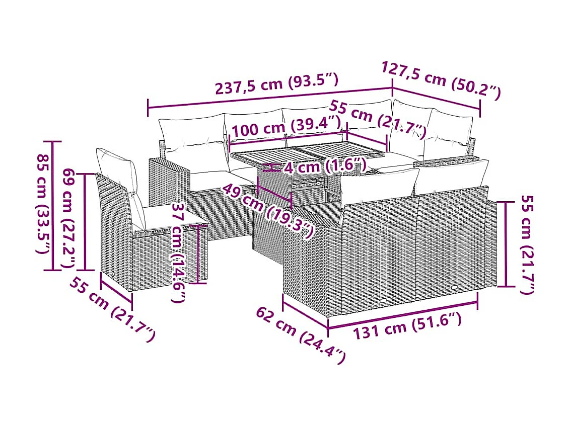 Salon de jardin avec coussins 9 pcs beige résine tressée