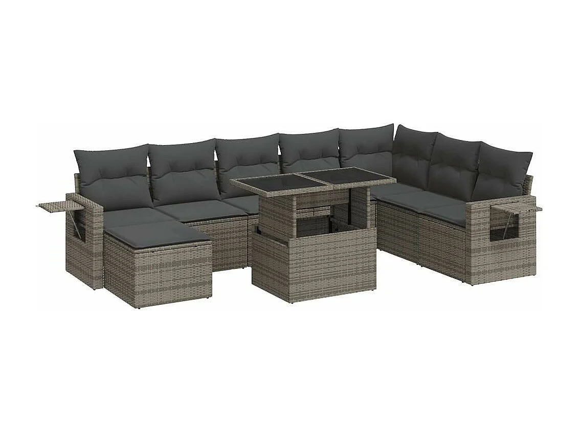 Set de sofás de jardín con cojines 9 pzas ratán sintético gris