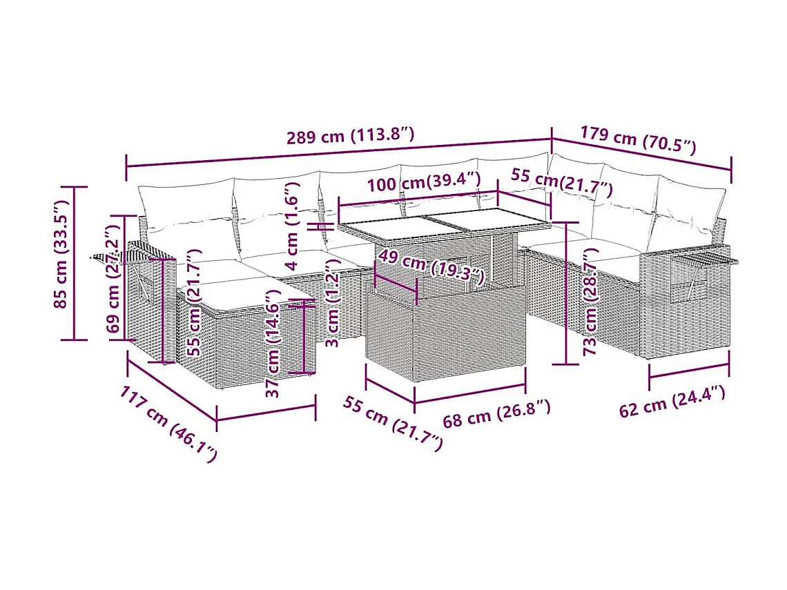 Set de sofás de jardín con cojines 9 pzas ratán sintético gris