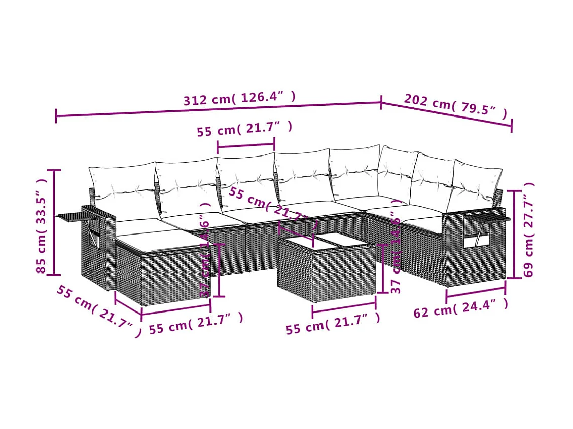 Salon de jardin avec coussins 9 pcs marron résine tressée
