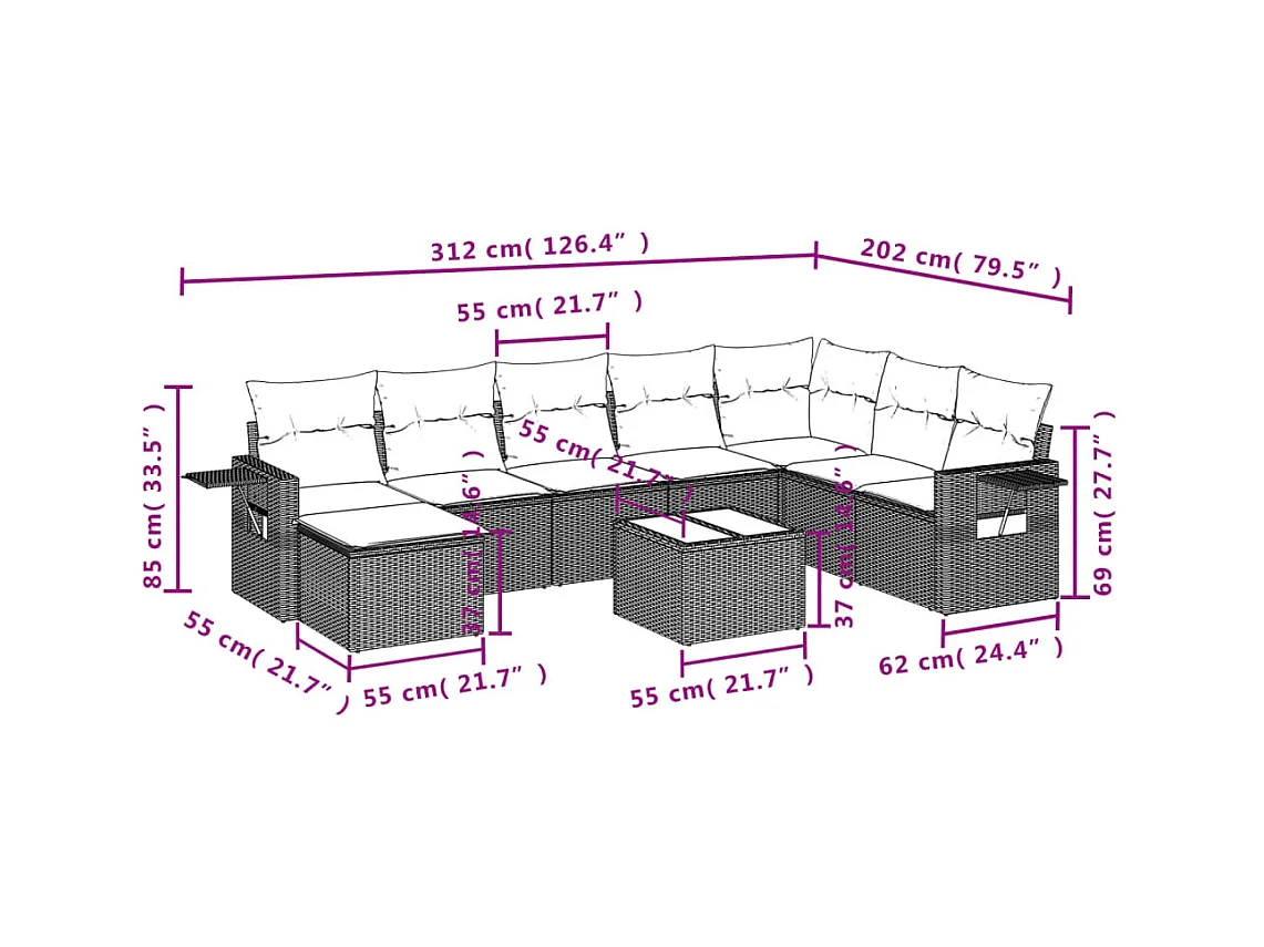 Salon de jardin avec coussins 9 pcs marron résine tressée