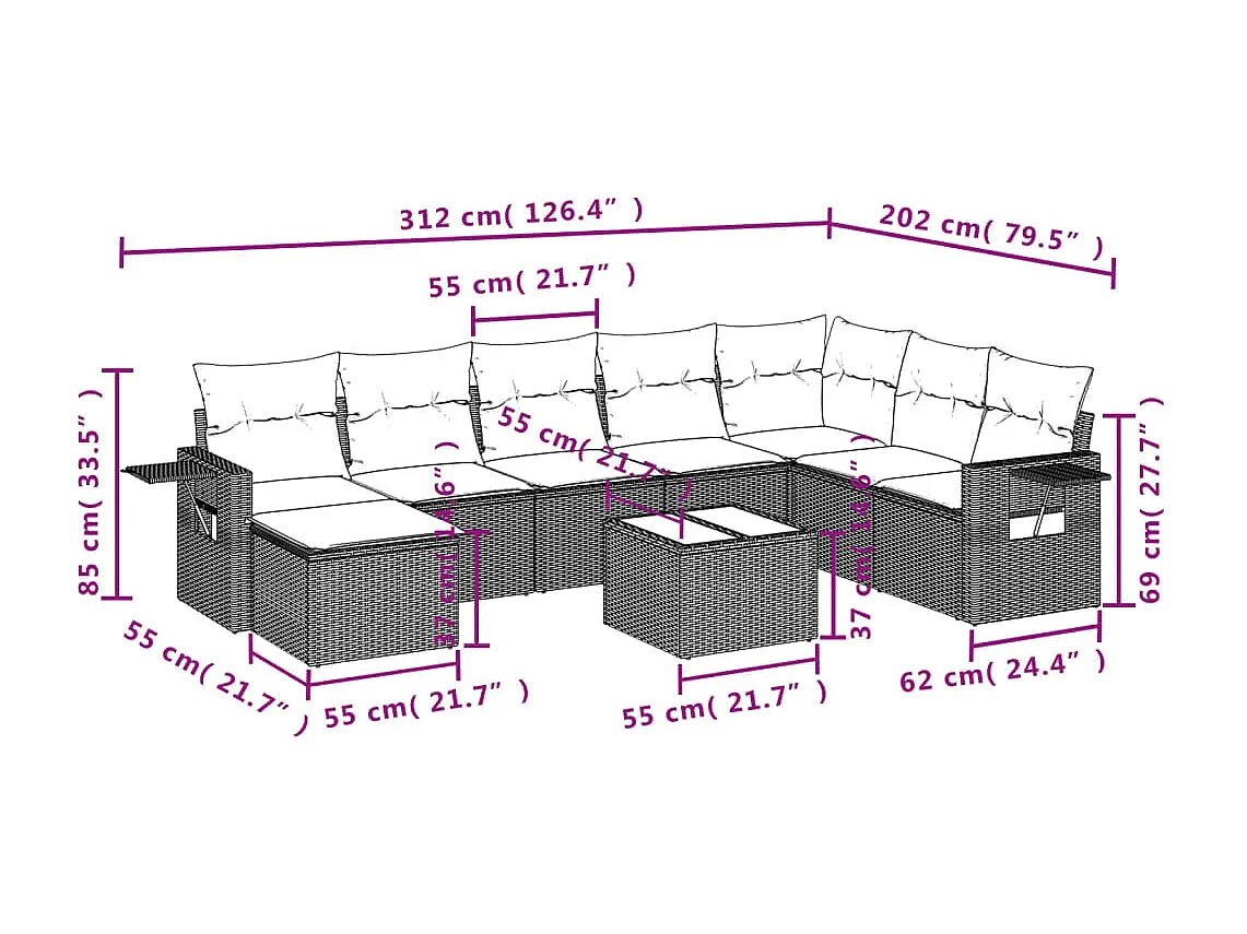 Salon de jardin avec coussins 9 pcs marron résine tressée